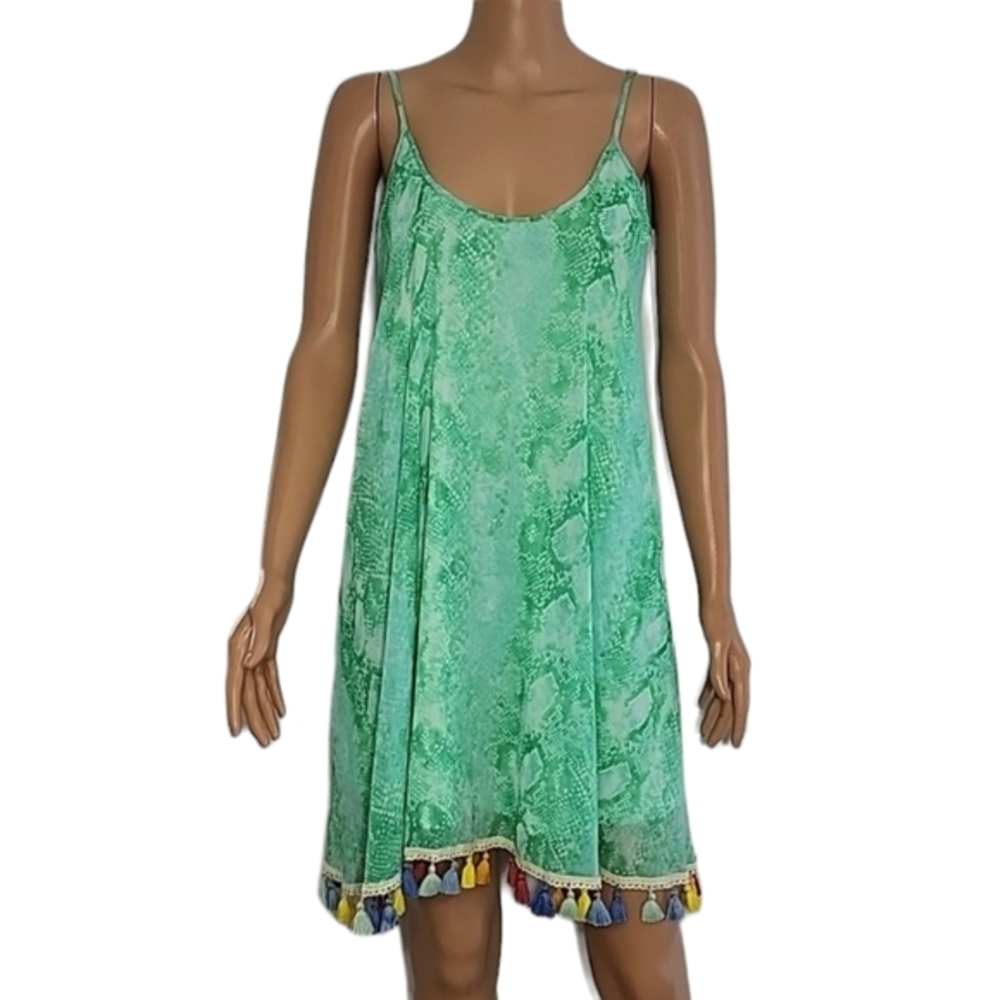 Judith March Green Snakeskin Spaghetti straps Shift Swing Tassel Dress Size L